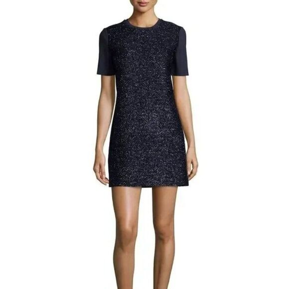 Tory Burch Navy Blue Tinsel Effect Panel Short Sleeve Shift Dress - Picture 1 of 9